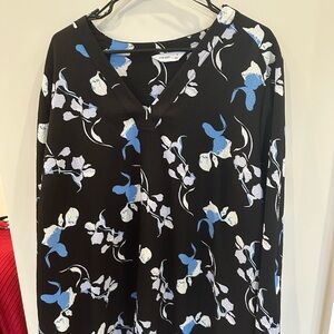 Nine West Black Blouse with Blue and White Floral Pattern